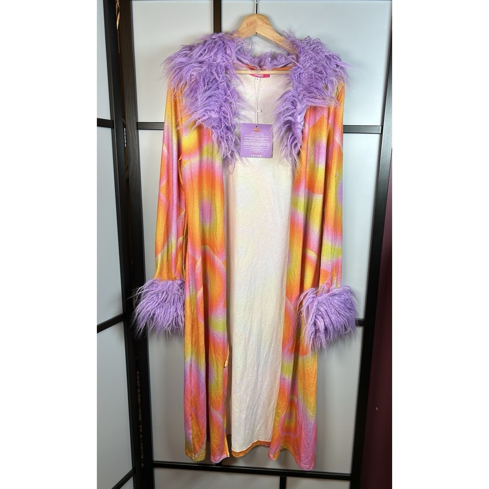 NWT Elsie & Fred Albufeira Longline Cardigan Faux Fur Trim 70s Festival Duster L